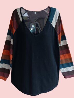 Womens Knit Top Pullover V-neck Long Sleeves Colorblock Size XL